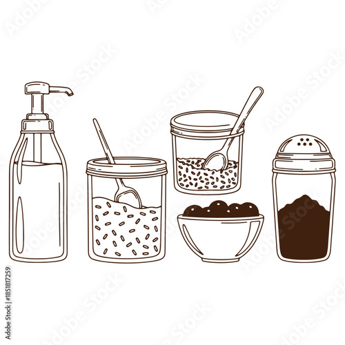 Collection of kitchen items including soap dispenser jars with grains and bowl of beans isolated on white background