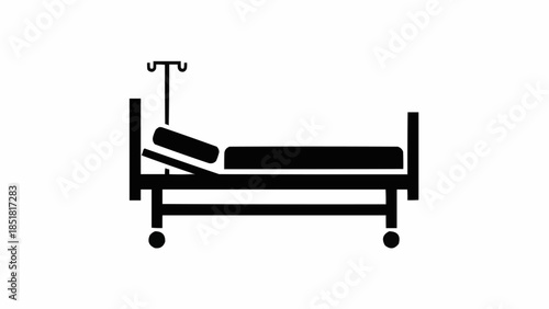 Hospital Bed with IV Stand Silhouette Icon.