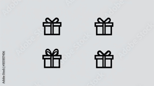 Four gift boxes with ribbons icons in black outline on light gray background