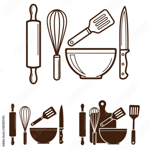 Collection of kitchen utensils including rolling pin whisk spatula knife and bowl ideal for cooking illustrations