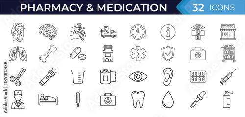 Pharmaceutical line editable icon set, medical and pharmacy symbols, drugs, laboratory, healthcare, treatment, research icons, clean vector illustration set