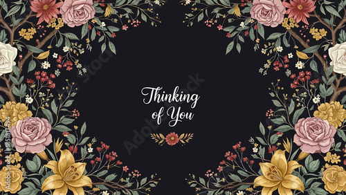 Elegant floral frame with 'Thinking of You' text on a dark background, perfect for invitations and greetings