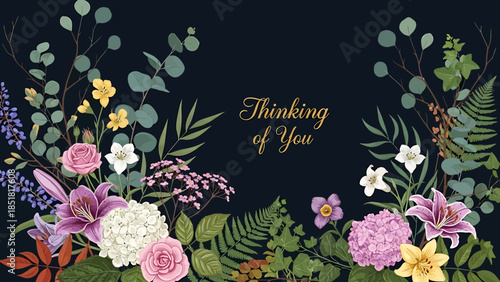 Floral greeting card with a dark background and the phrase 'Thinking of You' surrounded by an assortment of elegant flowers and greenery
