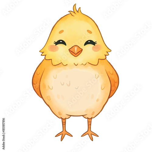 A cute yellow baby chick and a white egg are isolated in a funny cartoon vector illustration featuring a little farm bird and spring easter elements