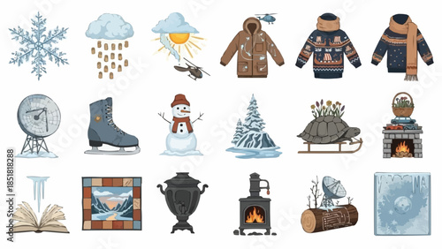 Collection of Winter Season Objects and Symbols.