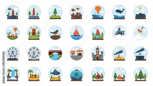 Collection of thirty unique snow globe icons representing diverse travel destinations and landmarks.