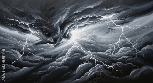 Intense lightning bolts striking through ominous swirling storm clouds under a dark sky depicting a powerful and dramatic weather phenomenon