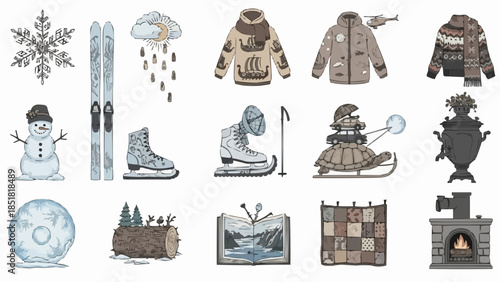 Collection of Winter Season Objects and Activities.