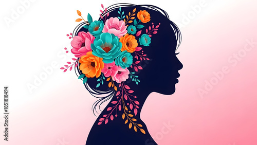Silhouette of a woman's head adorned with vibrant floral arrangement profile female