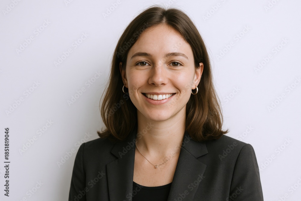 Fototapeta premium Confident Young Professional Woman Smiling Portrait in Business Attire Against a Clean White Background