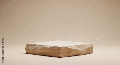 Natural stone display podium with rough, irregular edges and an earthy, organic texture presented on a complementary neutral beige background for product presentation or showcase