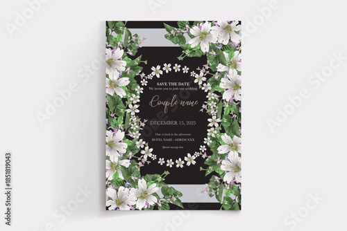 WEDDING INVITATION FRAME WITH FLOWER DECORATIONS AND FRESH LEAVES