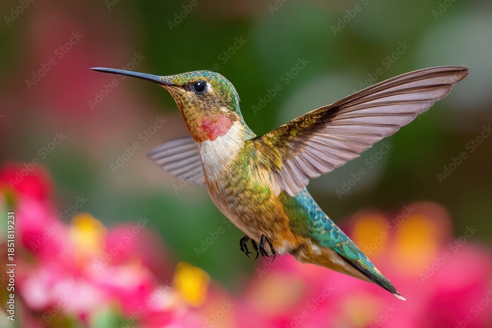 Naklejka premium Ruby-Throated Hummingbird in Flight Ultra Detailed