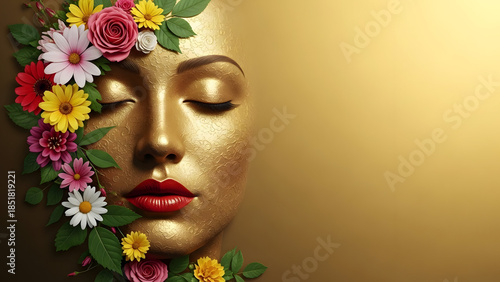 Golden Face Adorned with Vibrant Flowers and Red Lips International Women's Day woman