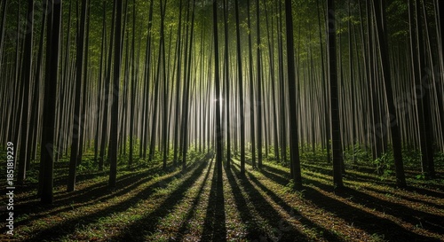 Morning sunlight piercing through a dense forest of tall green trees, creating striking long shadows that stretch across the lush, verdant ground, highlighting nature's profound beauty.