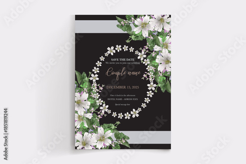 WEDDING INVITATION FRAME WITH FLOWER DECORATIONS AND FRESH LEAVES