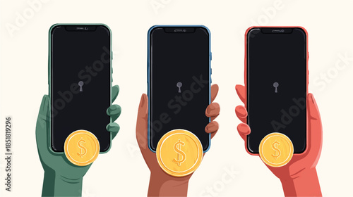 Hands holding smartphones with coins and lock screens