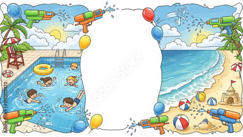 A vibrant and joyful illustration of children having fun at the beach and pool with water guns and balloons, perfect for summer themes and advertisements
