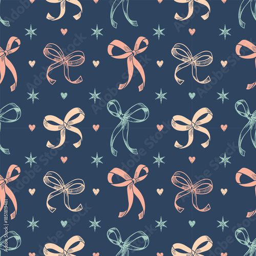 A seamless pattern with pastel tone hand-drawn bows on a dark background. Creates a calm, girly aesthetic holiday backdrop perfect for stationary and digital art.