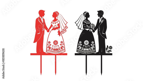 Traditional Folk Art Cake Toppers, Silhouette Couple in Cultural Dress for Rustic Wedding Decor