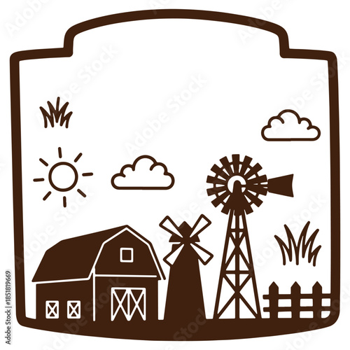 Illustrated farm scene featuring barn windmills and rural elements perfect for agricultural themes