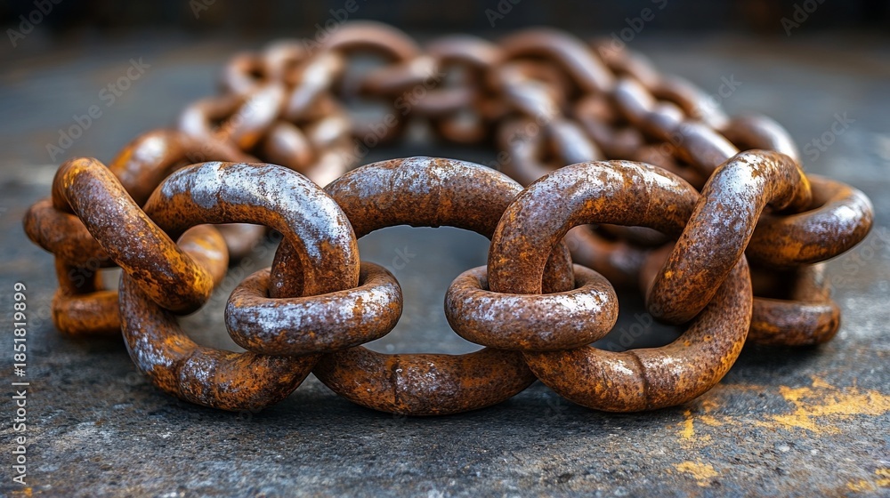 Fototapeta premium Rusty Chain Links on a Weathered Surface Highlighting Industrial Texture and Strength