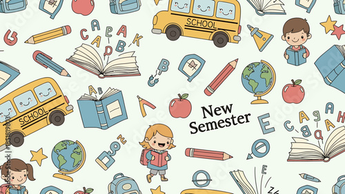 Fun back to school seamless pattern with happy children, yellow school bus, books, apples, and school supplies, celebrating education and new semester learning