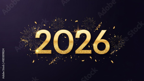 Golden Year 2026: A radiant golden 2026 shines brightly against a deep, elegant backdrop, surrounded by celebratory fireworks and confetti, evoking a sense of anticipation and festivity.