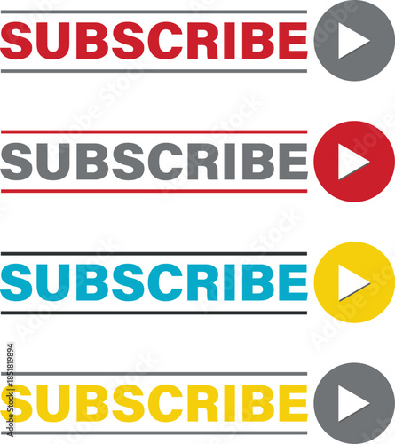 Colorful subscribe button set collection with different colored play icons on white background