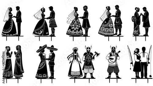 Folk Art Wedding Cake Toppers Vector Set, Silhouette Bride and Groom in Traditional Costume Isolated on White