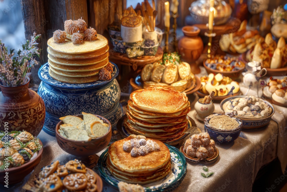 Naklejka premium Traditional Russian Maslenitsa Pancake Feast Display