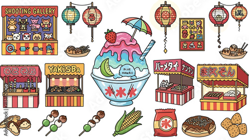 A vibrant collection of traditional Japanese summer festival street food stalls, delightful game booths, and iconic culinary treats, showcasing popular snacks and festive fairground attractions