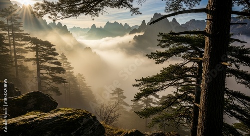 Sunrise over misty mountain forest.