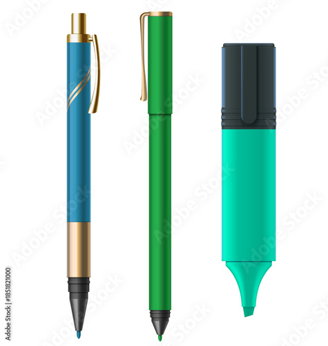 colorful pen Classic colors icons Stationery template Ballpoint School tool, 3d illustration, 3d rendering