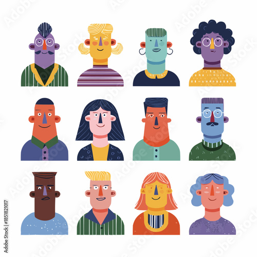 Abstract vector set of diverse people portraits arranged in a grid, representing community, individuality and inclusion. Modern flat illustration for web, branding, education and corporate design