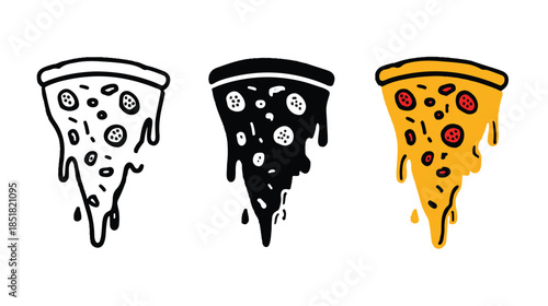 Set of three slices of pizza in different colors isolated on white background