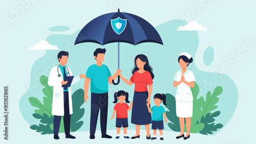 Family Health Insurance Protection Under a Shielded Umbrella with Medical Professionals Ensuring Well-being and Security
