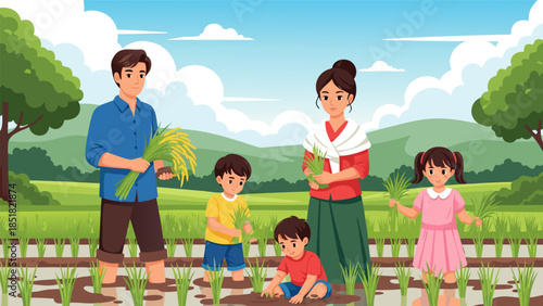 A happy farming family working together in a lush green rice paddy field under a clear blue sky with rolling hills in the background, symbolizing rural life and agricultural prosperity