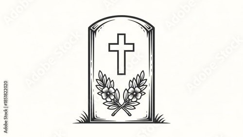 Vintage Civil War Gravestone Memorial Vector Illustration, Crossed Flowers, Monochrome Line Art, Respectful Remembrance, Historical Cemetery Symbol