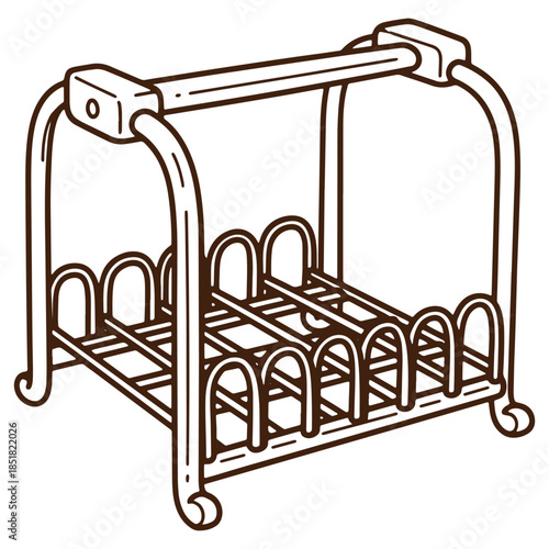 Metal wire dish rack with multiple compartments for drying dishes isolated on a transparent background