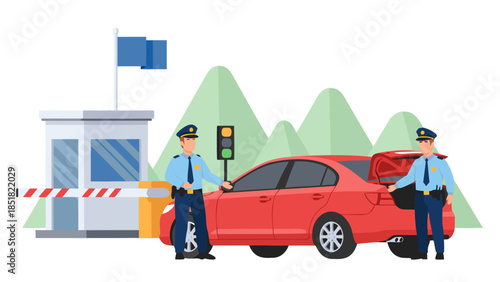 Border security officers inspecting a car at a checkpoint, with a toll booth and mountainous background
