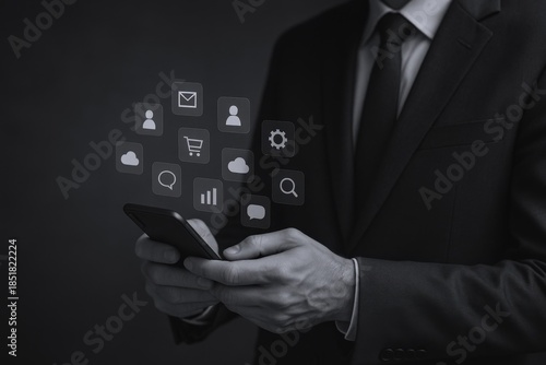Wallpaper Mural Professional Man Using Smartphone with Digital Communication Icons, Demonstrating Modern Business Connectivity and Technology Integration Torontodigital.ca