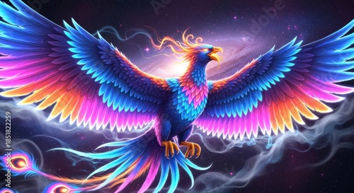 Vibrant Phoenix Bird in Flight.