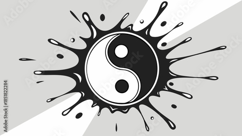 Dynamic Yin Yang Symbol with Ink Splatter Effect - Balance, Duality, Harmony Illustration