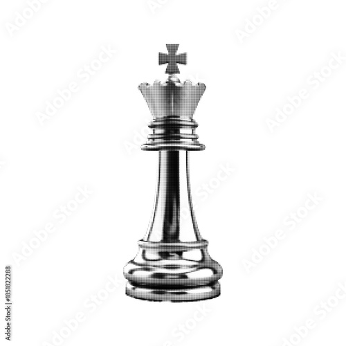 Black and white halftone illustration of a chess king piece isolated on white background. Symbol of strategy, leadership, power and victory in minimal vintage print style.