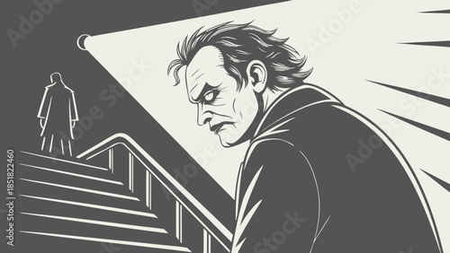 Intense Man on Stairs Illustration, Monochromatic Character with Silhouetted Figure