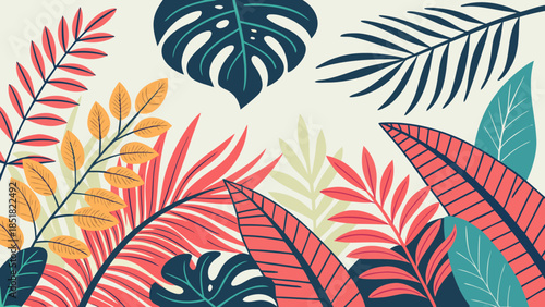 Vibrant Tropical Leaves Pattern. Exotic Foliage Background. Colorful Botanical Vector.