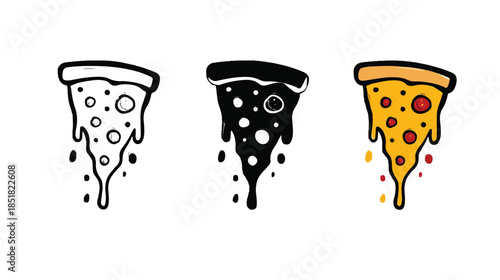 Three slices of pizza with different toppings and melted cheese  food illustration