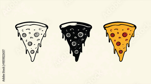 Three slices of pizza with different toppings and colors