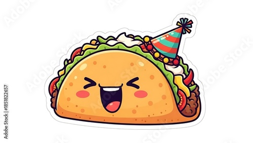 Cartoon taco with party hat smiling.